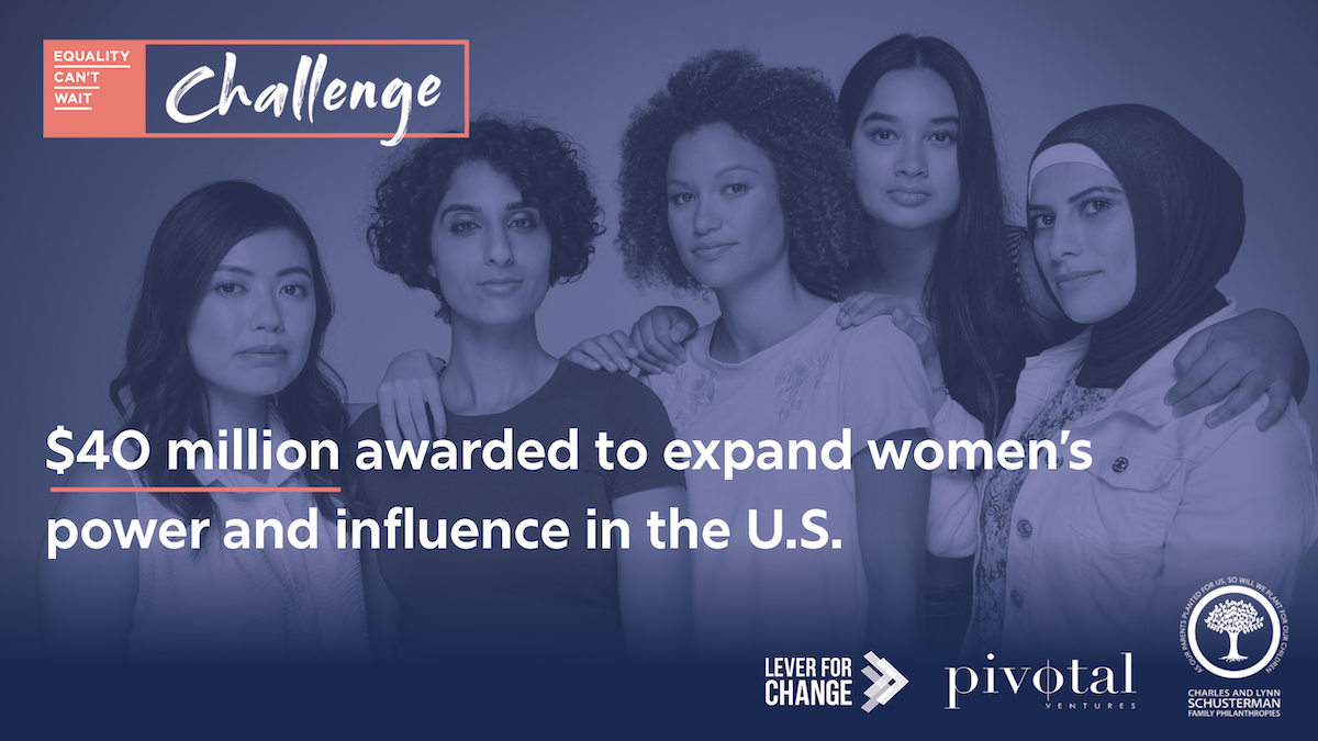 A diverse group of women stand with a purple overlay. $40 million awarded to expand women's power and influence in the U.S.