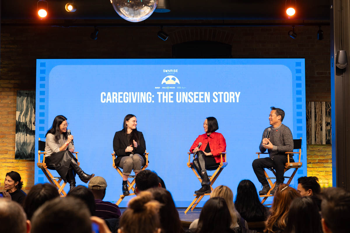 Ai-jen Poo, executive director of Caring Across Generations, moderates “Caregiving: The Unseen Story” panel at Sunrise Collective House alongside panelists Jenna Murray, healer, participant in Sundance documentary “Winding Path”; Liz Sargent, filmmaker (“Take Me Home”); and Richard Lui, MSNBC anchor and journalist, author and filmmaker (“Unconditional”). (Photo by Christine Chang)